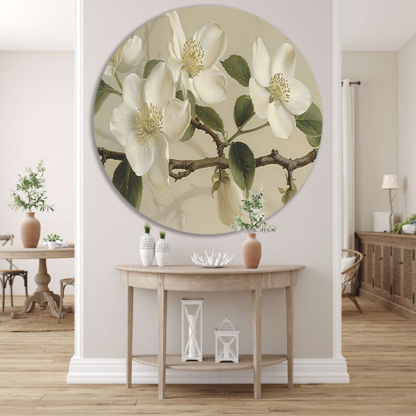 Witte bloemen op tak tegen beige achtergrond aluminium muurcirkel