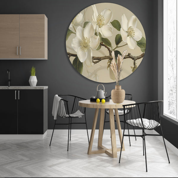 Witte bloemen op tak tegen beige achtergrond aluminium muurcirkel