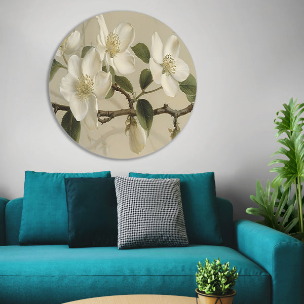 Witte bloemen op tak tegen beige achtergrond aluminium muurcirkel