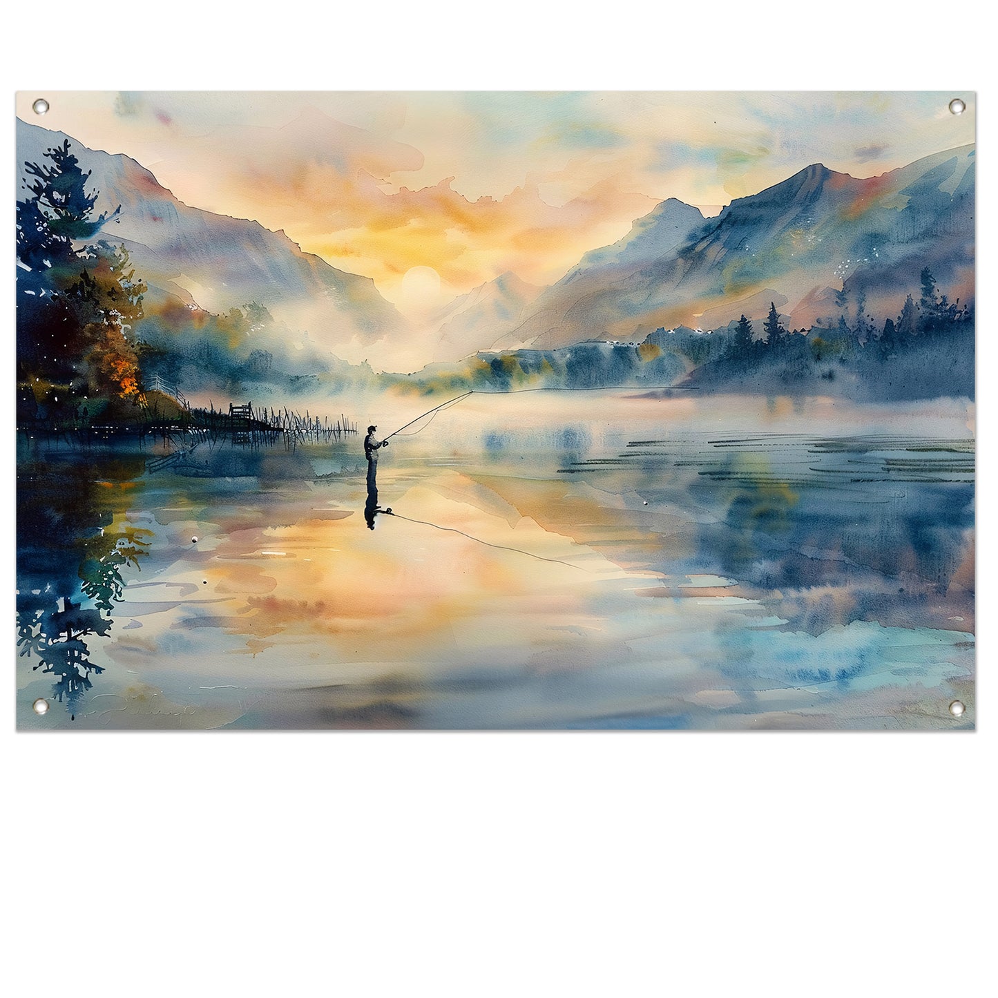 Vissersfiguur bij mistige bergmeer zonsopgang tuinposter