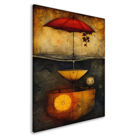 Rode Paraplu, Omgekeerde Gele Paraplu en Kat canvas