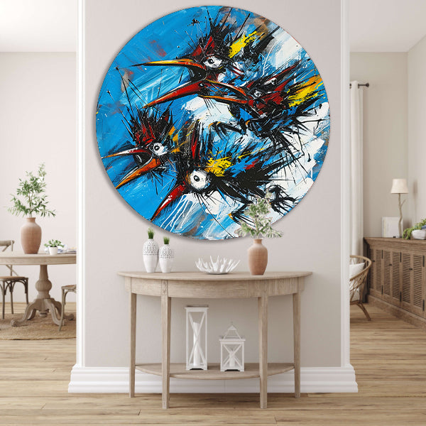 Abstracte Vogels in Kleurrijke Chaos aluminium muurcirkel