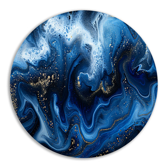 Abstract blauw en goud vloeibaar kunstwerk aluminium muurcirkel