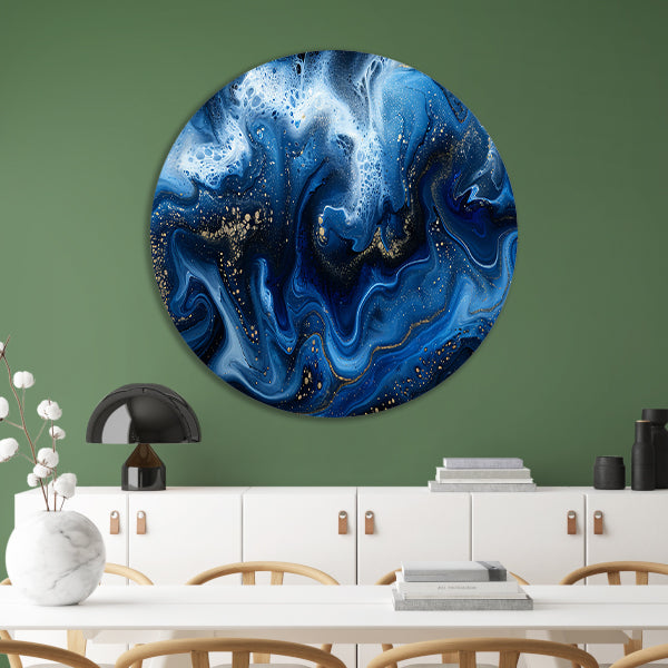 Abstract blauw en goud vloeibaar kunstwerk forex muurcirkel