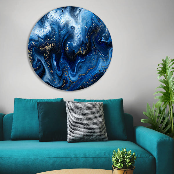 Abstract blauw en goud vloeibaar kunstwerk aluminium muurcirkel