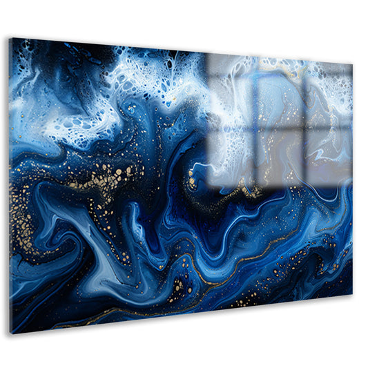 Abstract blauw en goud vloeibaar kunstwerk acrylglas