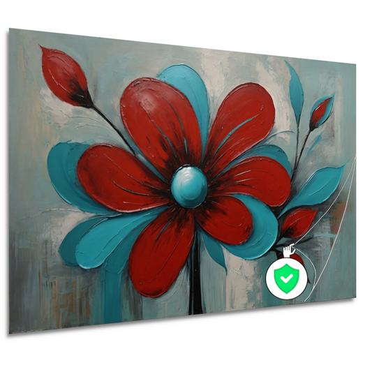 Impressie van een Rode Bloem met Turquoise Bladeren poster