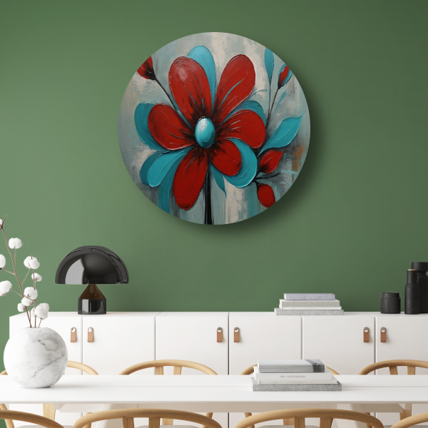 Impressie van een Rode Bloem met Turquoise Bladeren forex muurcirkel
