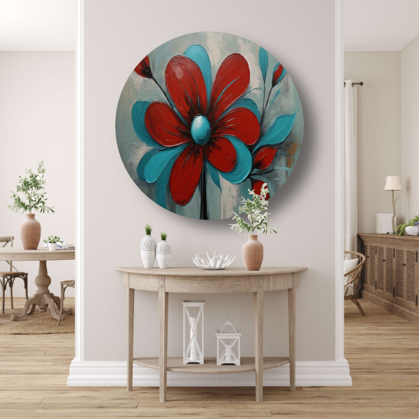 Impressie van een Rode Bloem met Turquoise Bladeren forex muurcirkel