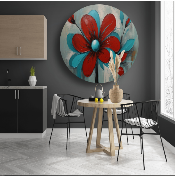 Impressie van een Rode Bloem met Turquoise Bladeren forex muurcirkel