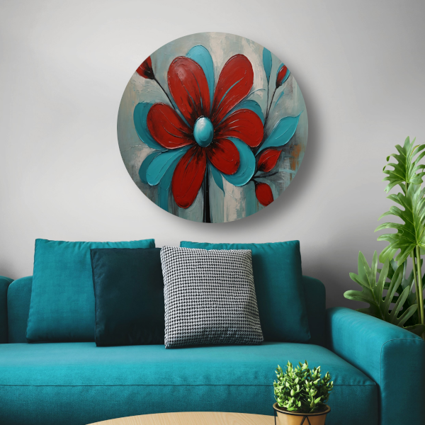 Impressie van een Rode Bloem met Turquoise Bladeren forex muurcirkel