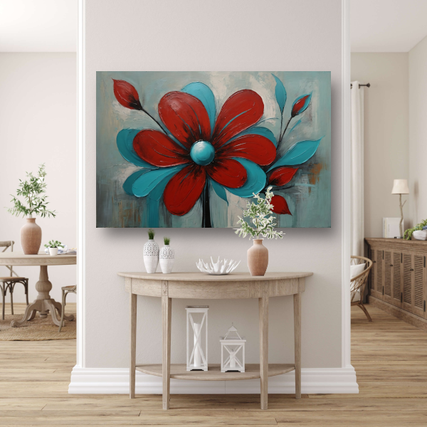 Impressie van een Rode Bloem met Turquoise Bladeren canvas met baklijst
