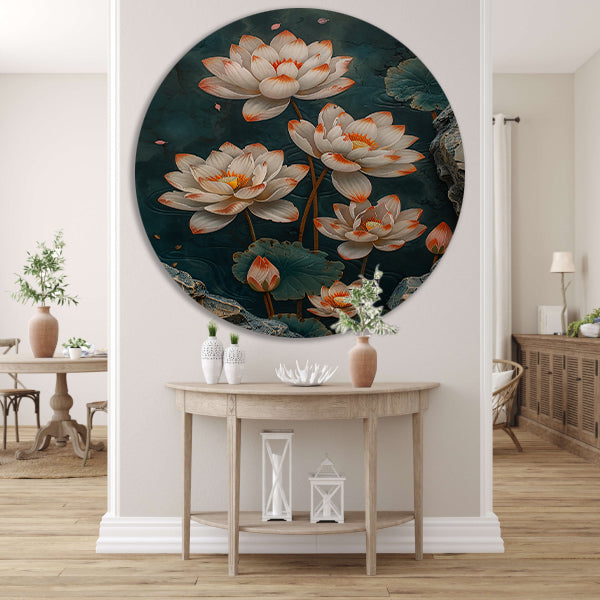 Modern kunst met turquoise lotusbloemen aluminium muurcirkel