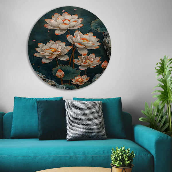 Modern kunst met turquoise lotusbloemen aluminium muurcirkel