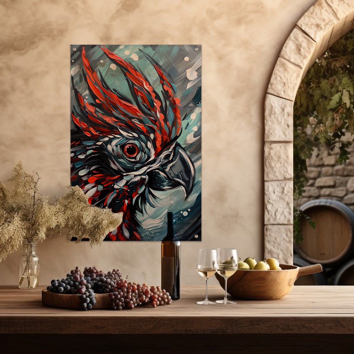 Abstract schilderij van kleurrijke papegaai tuinposter