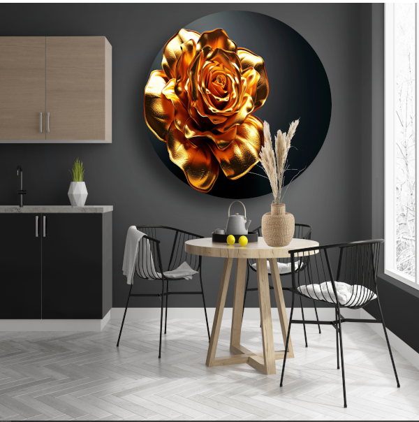 Gouden roos op zwart fluwelen achtergrond aluminium muurcirkel