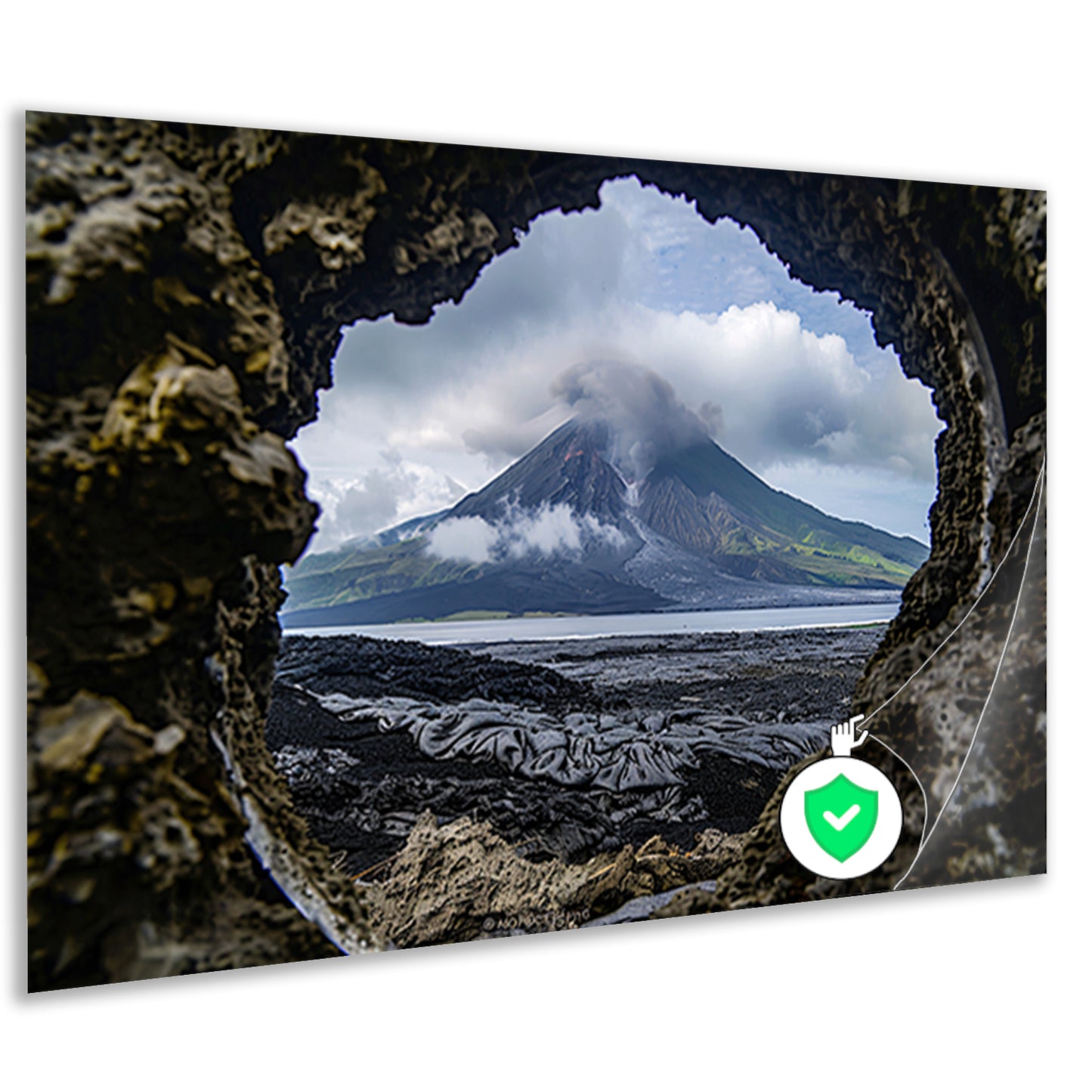 Vulkanisch landschap gezien door een rotsopening poster