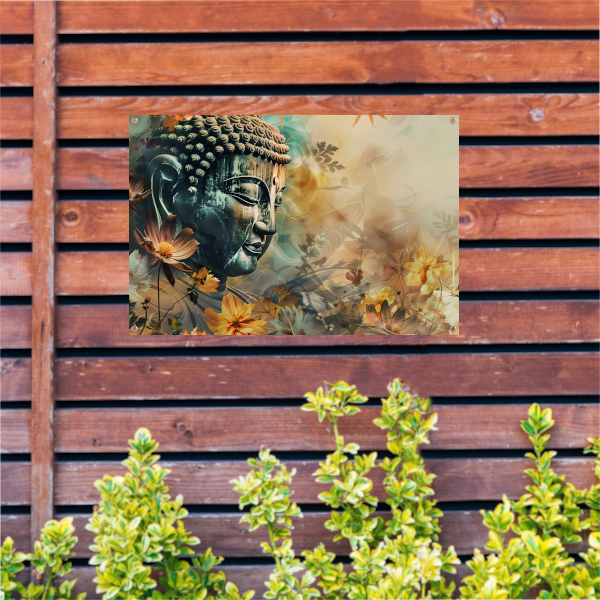 Serene Boeddha met Kleurrijke Bloemenzee tuinposter