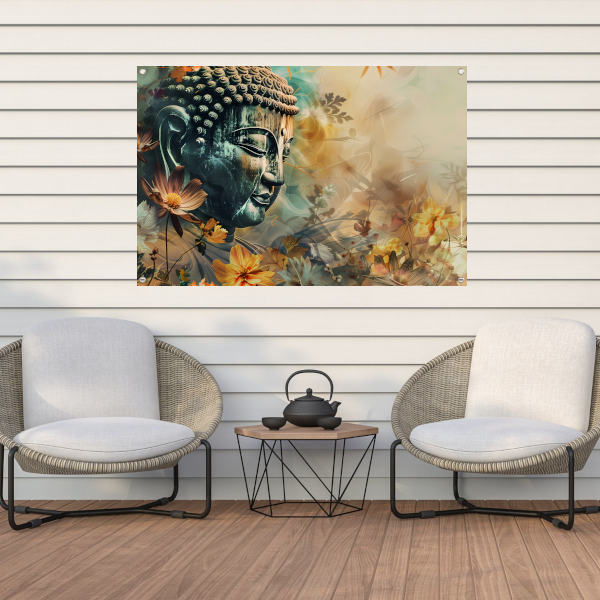 Serene Boeddha met Kleurrijke Bloemenzee tuinposter