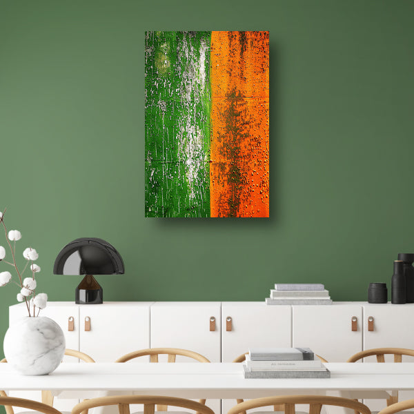 Abstract schilderij met groene en oranje tinten poster
