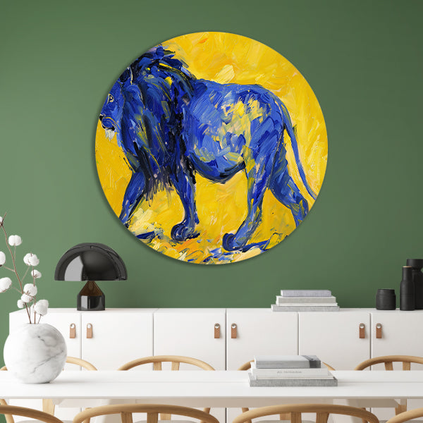 Schilderij van een abstracte blauwe leeuw aluminium muurcirkel
