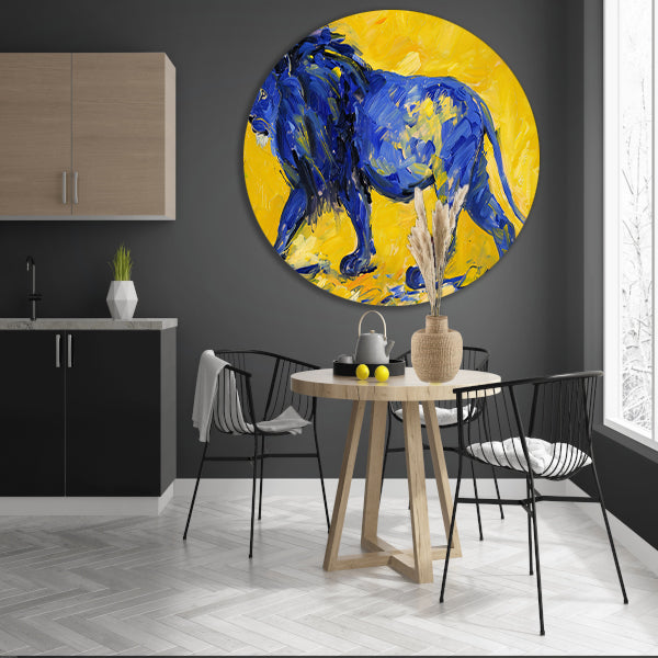 Schilderij van een abstracte blauwe leeuw aluminium muurcirkel