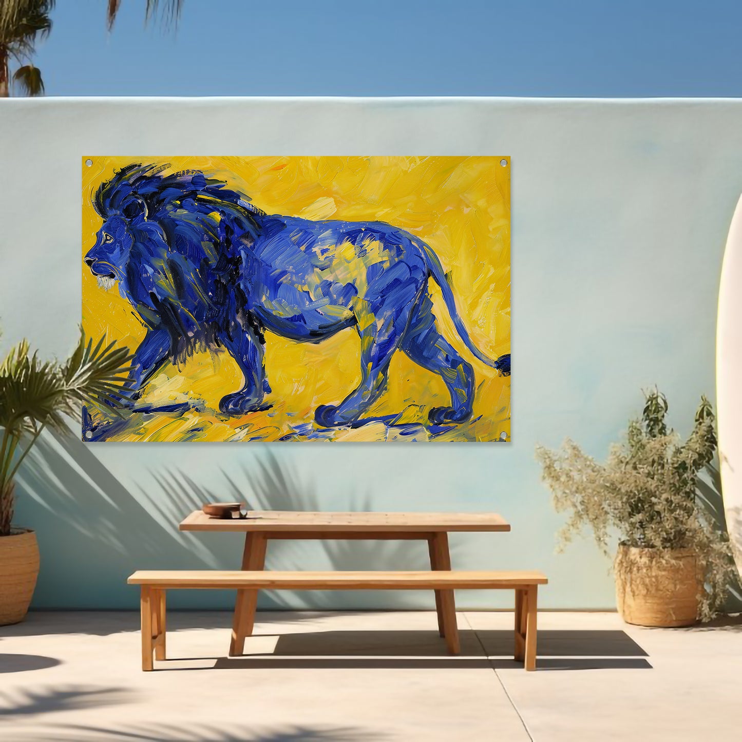 Schilderij van een abstracte blauwe leeuw tuinposter