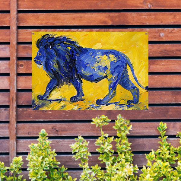 Schilderij van een abstracte blauwe leeuw tuinposter