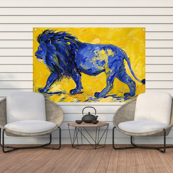 Schilderij van een abstracte blauwe leeuw tuinposter