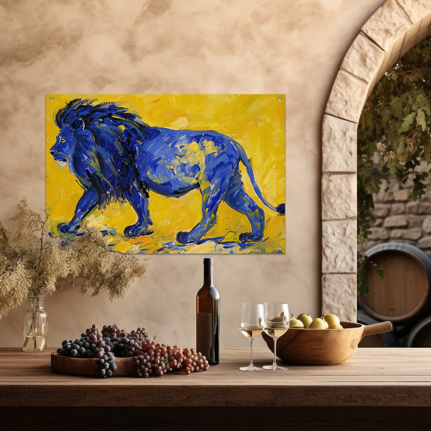 Schilderij van een abstracte blauwe leeuw tuinposter