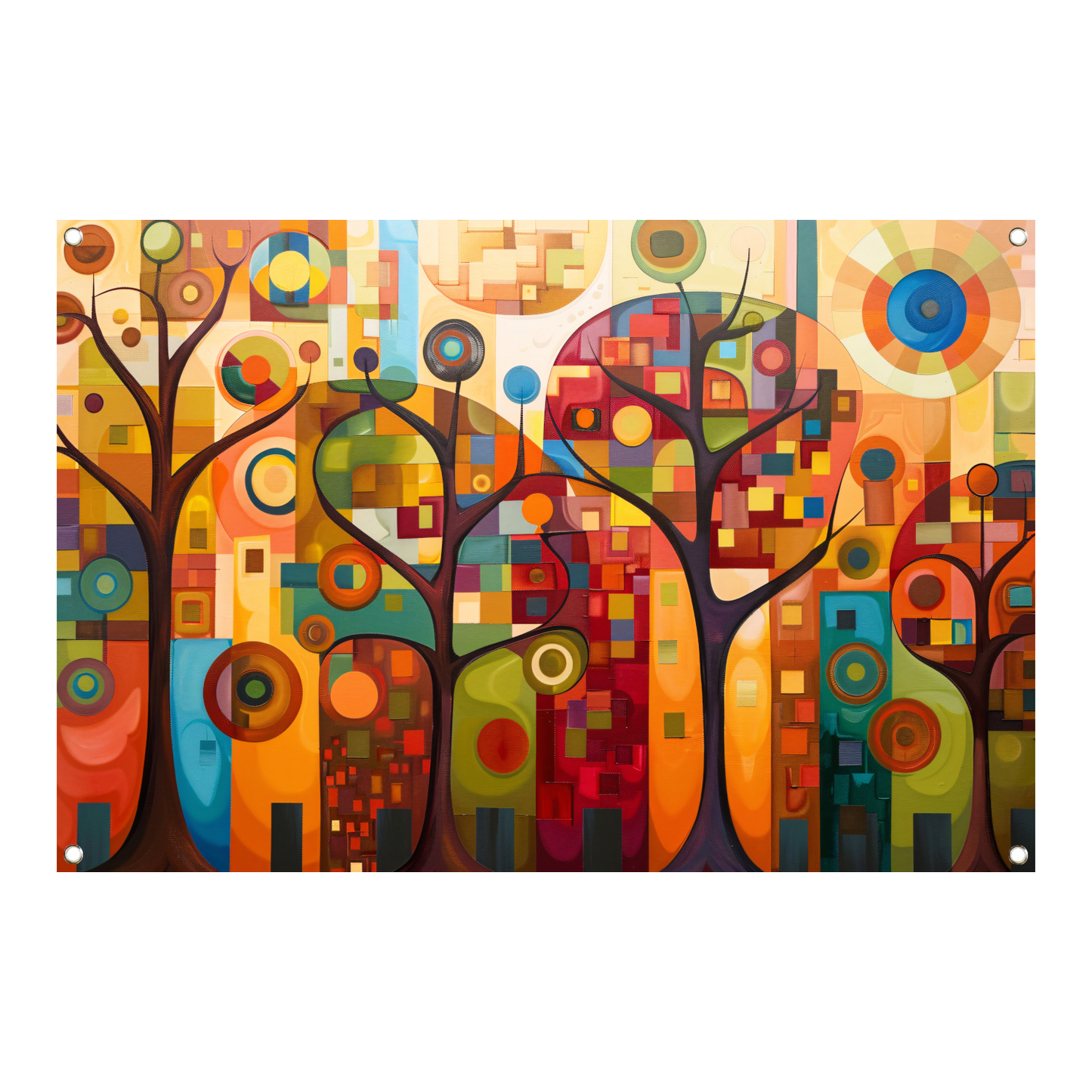 Abstracte bomen in stedelijke kleurenpracht tuinposter