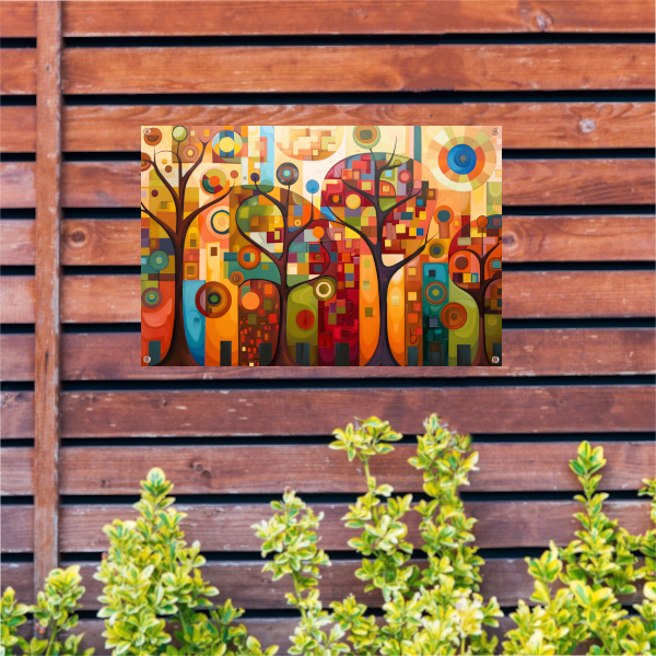 Abstracte bomen in stedelijke kleurenpracht tuinposter
