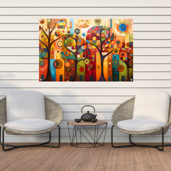 Abstracte bomen in stedelijke kleurenpracht tuinposter