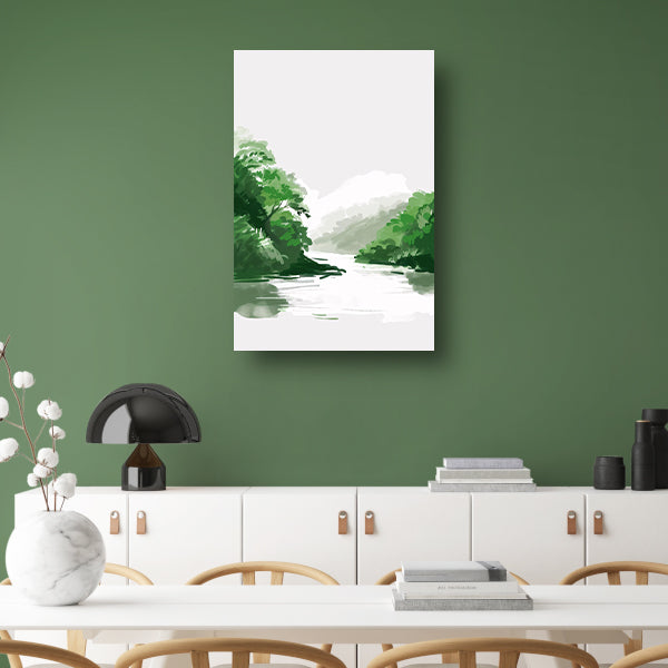 Rustgevend schilderij van rivier en bomen canvas