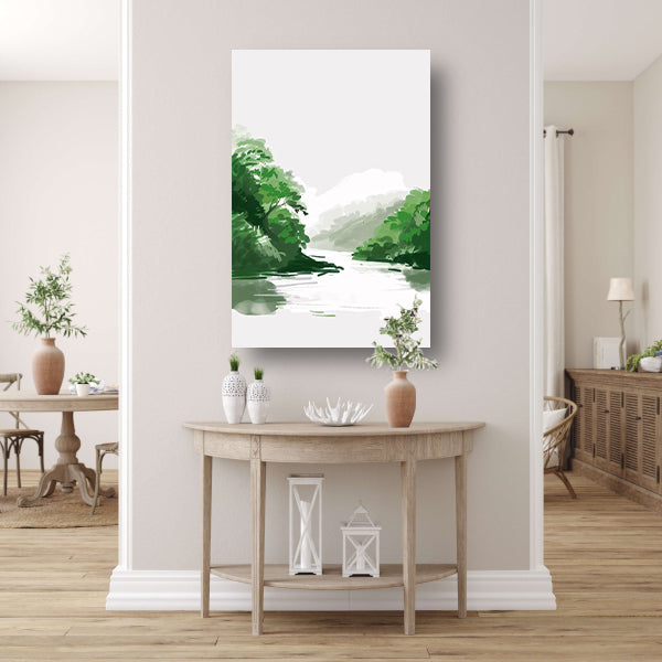 Rustgevend schilderij van rivier en bomen canvas
