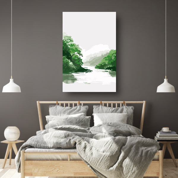 Rustgevend schilderij van rivier en bomen canvas