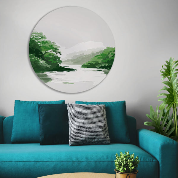 Rustgevend schilderij van rivier en bomen aluminium muurcirkel