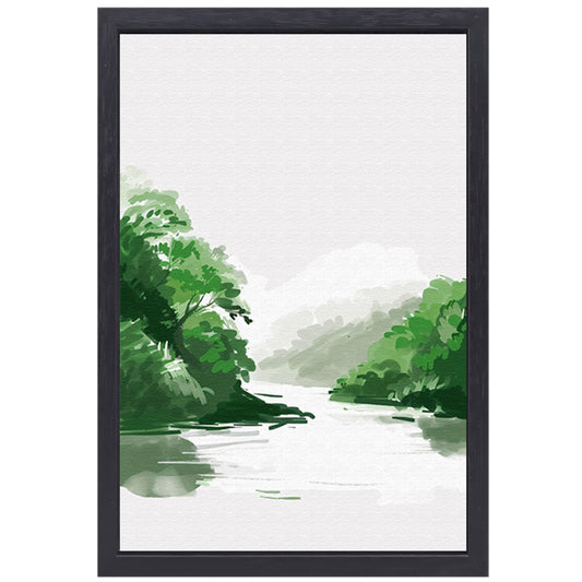 Rustgevend schilderij van rivier en bomen canvas met baklijst