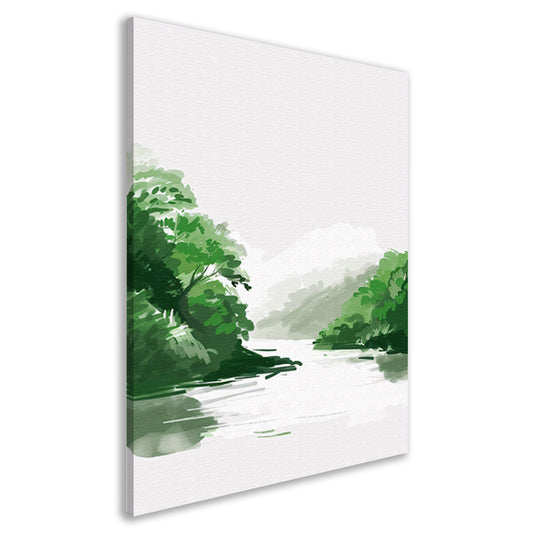Rustgevend schilderij van rivier en bomen canvas