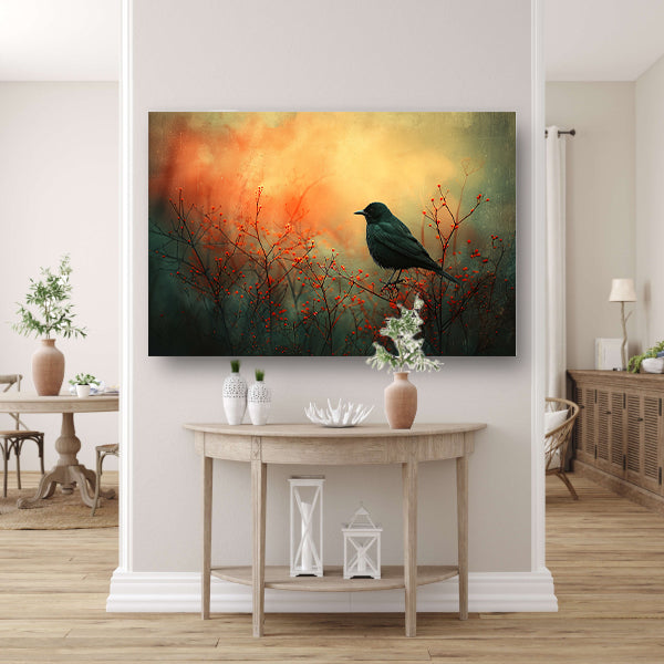Vogel tussen de vlammende rode planten canvas