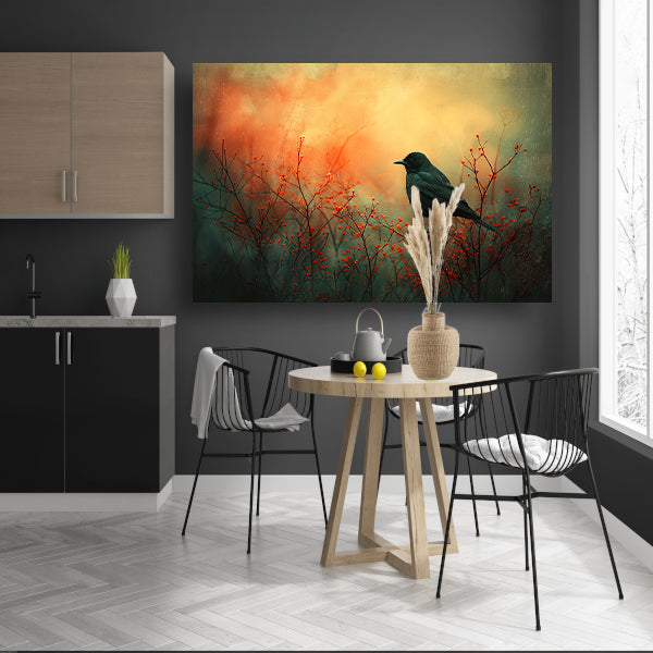 Vogel tussen de vlammende rode planten canvas