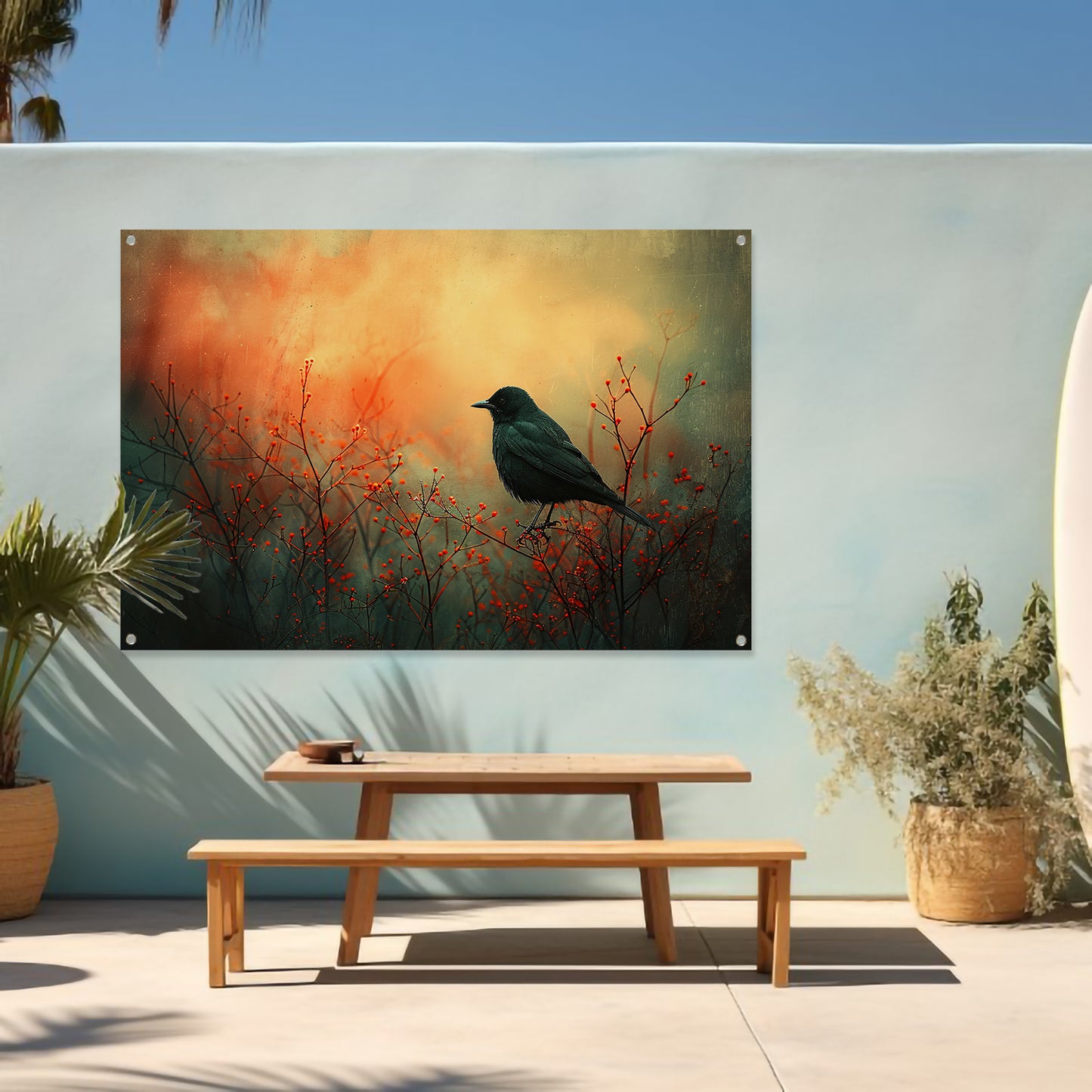 Vogel tussen de vlammende rode planten tuinposter