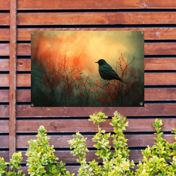 Vogel tussen de vlammende rode planten tuinposter