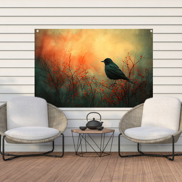 Vogel tussen de vlammende rode planten tuinposter