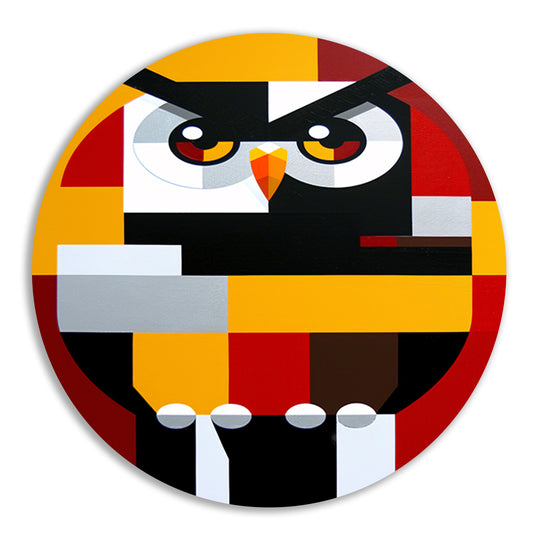 Abstract minimalistisch schilderij van een uil aluminium muurcirkel