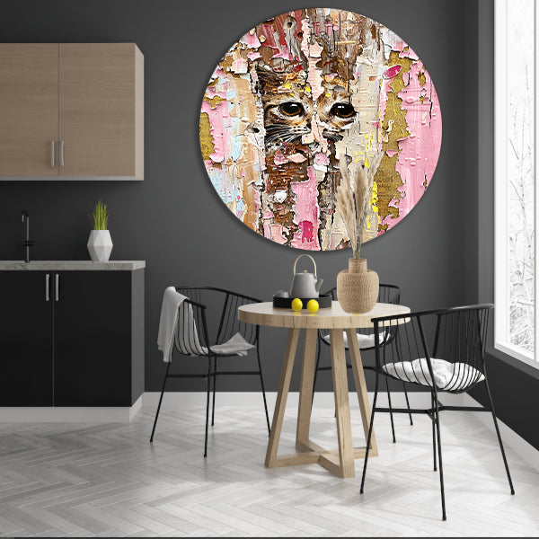 Abstracte kat achter vervallende verf aluminium muurcirkel