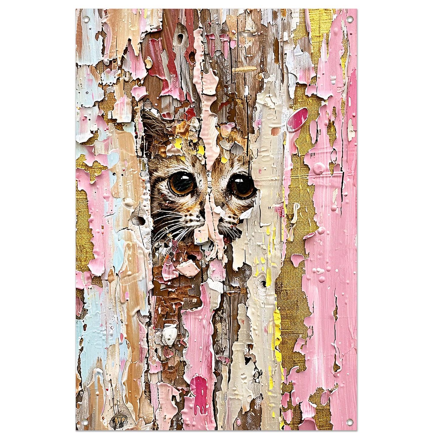 Abstracte kat achter vervallende verf tuinposter