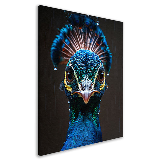Close-up portret van een pauw in de regen canvas