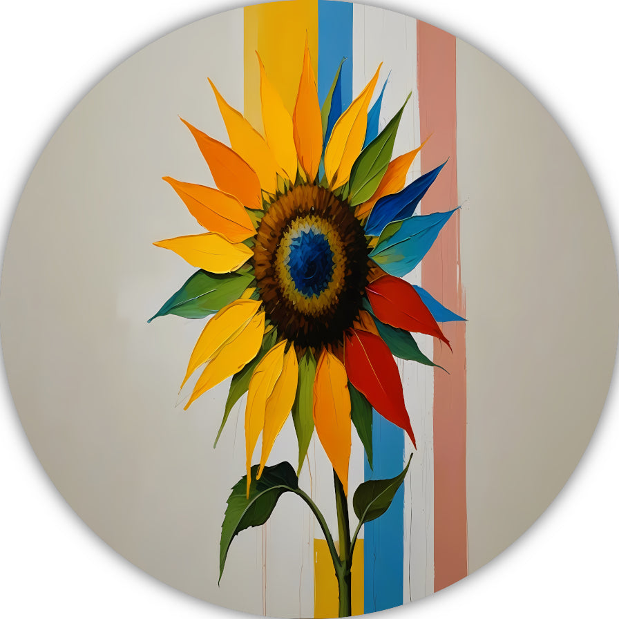Abstracte Kleurrijke Zonnebloem op Gestreepte Achtergrond aluminium muurcirkel