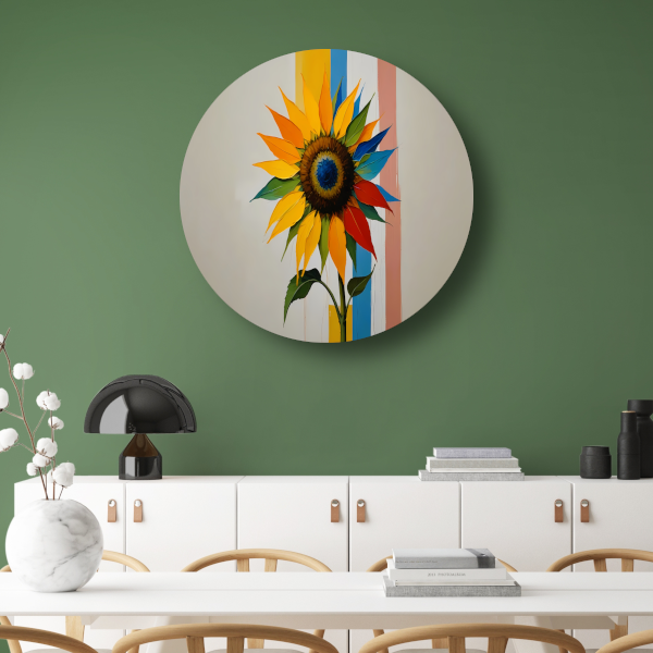 Abstracte Kleurrijke Zonnebloem op Gestreepte Achtergrond aluminium muurcirkel